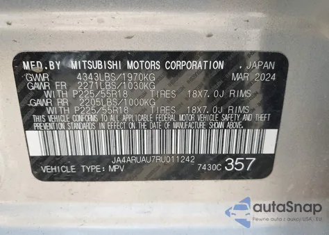 2024 Mitsubishi Outlander Sport 2.0 Es Awc из США, поврежденный, VIN JA4ARUAU7RU011242